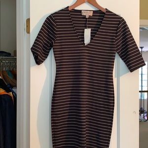 Navy & camel striped fitted dress